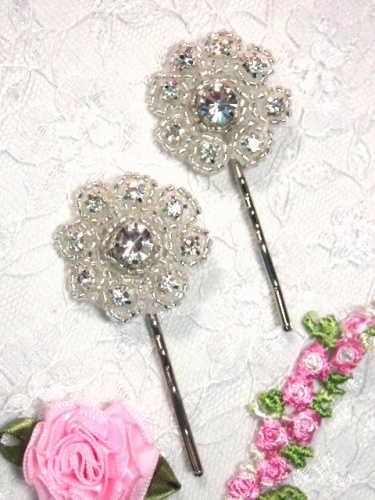 A0478B Set of Two Crystal Floral Rhinestone Beaded Hair Pins