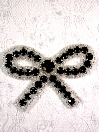 A0481 Black Silver Beaded Bow Applique 2.5\