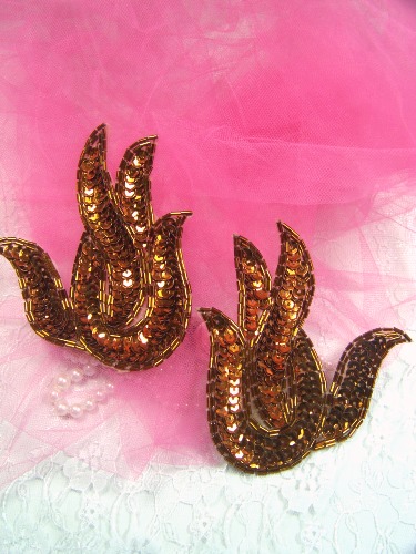 A0202 Bronze Flame Mirror Pair Beaded Sequin Appliques 4.5\