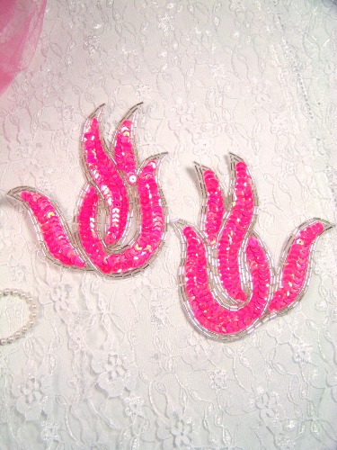 A0202 Hot Pink Silver Flame Mirror Pair Beaded Sequin Appliques 4.5\