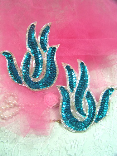 A0202 Turquoise Silver Flame Mirror Pair Beaded Sequin Appliques 4.5\