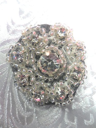 ACT/0429A Black Backing Crystal Rhinestone Floral Silver Beaded Applique 1-3/8
