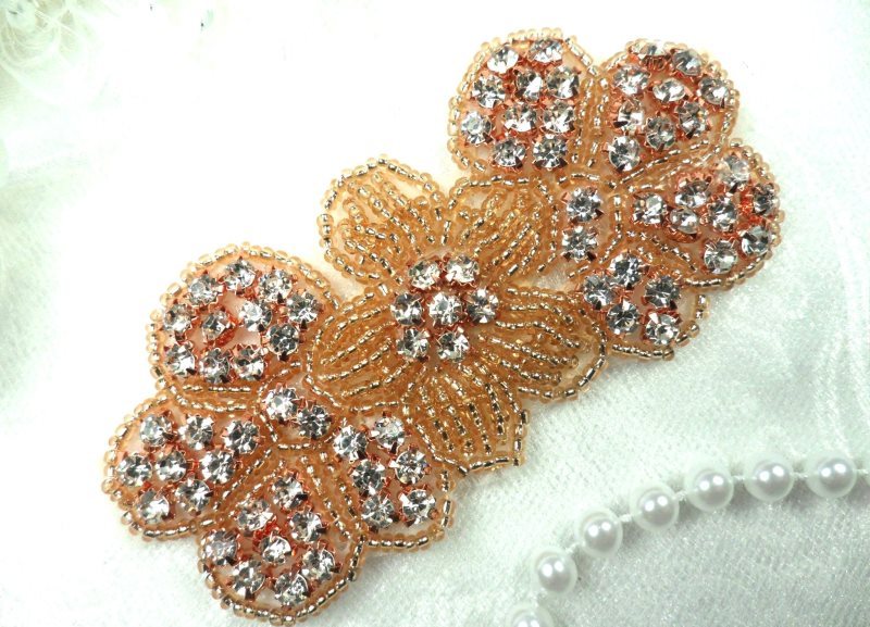 Rose Gold Applique Crystal Rhinestone Beaded Flower Patch Floral 3.75 (ACT/DH55-rsglcr)
