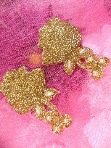 ACT/FS4844 Gold Pearl Rose Mirror Pair Beaded Appliques