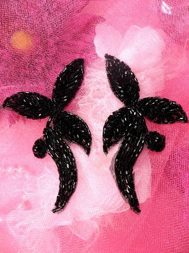 ACT/FS907  Black Leaf Mirror Pair Beaded Appliques