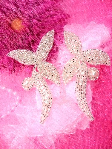 ACT/FS907  Silver Pearl Leaf Mirror Pair Beaded Appliques