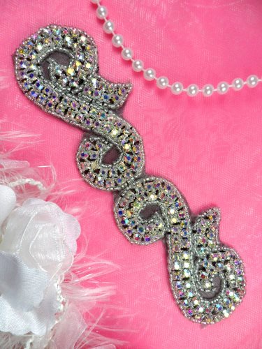 ACT/XR130/C Black Backing Crystal AB Aurora Borealis Rhinestone Silver Beaded Scroll Applique UNCUT  6.5\