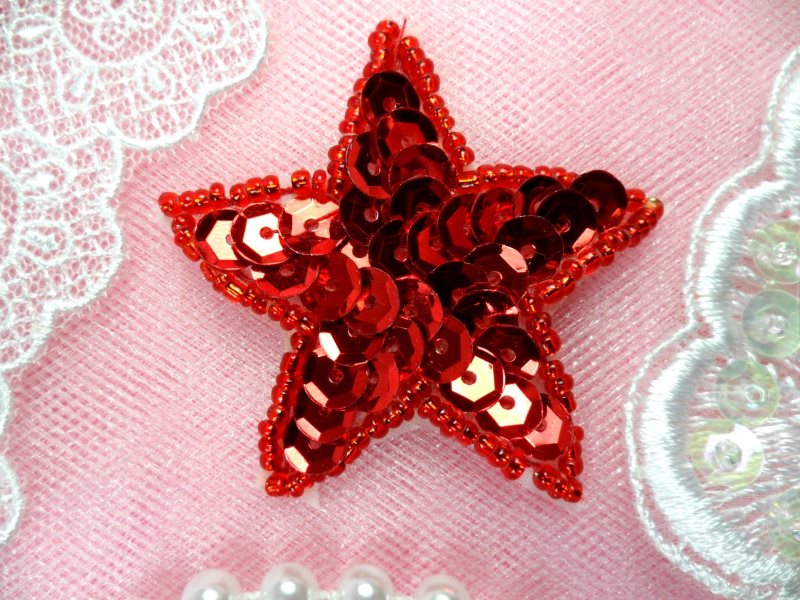 Star Applique 2 Inch Red Sequin Beaded Patch Iron On (ACT/XR360-rd)