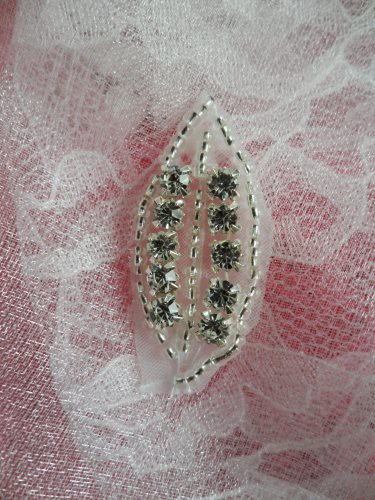 ACT/DH24/C Applique Crystal Rhinestone Silver Beaded Leaf Patch Motif
