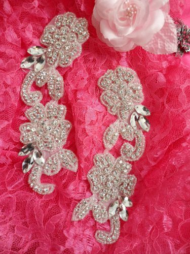 ACT/DH31X/A Mirror Pair Appliques Crystal Rhinestone Silver Beaded Bridal Patch 
