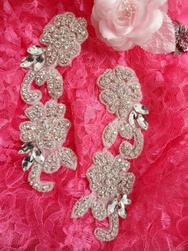 ACT/DH25/A Applique Mirror Pair Crystal Rhinestone Silver Beaded Bridal Patch Motifs 7\