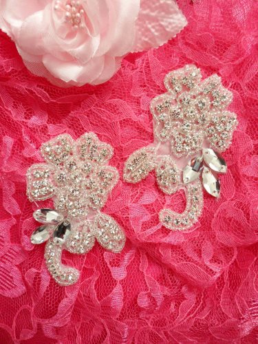 ACT/DH25/B Applique Mirror Pair Crystal Rhinestone Silver Beaded Bridal Patch Motifs 3.5\