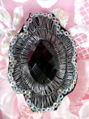 REDUCED Black Silver Metallic Embroidered Jewel Applique Iron On 2.5 ACT/GB143