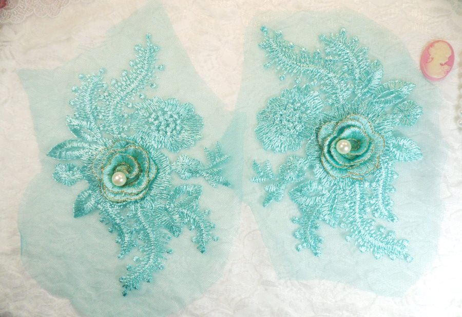 Teal 3D Embroidered Floral Venise Lace Mirror Pair With Pearl Applique 7 (ACT/GB531X)