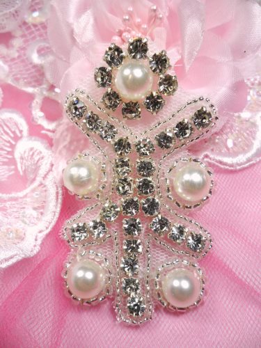 ACT/JB181/D Silver Beaded Crystal Rhinestone Pearl Applique