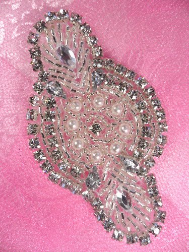 ACT/JB41/A  Natalie Silver Pearl Beaded Crystal Rhinestone Applique 3-1/8