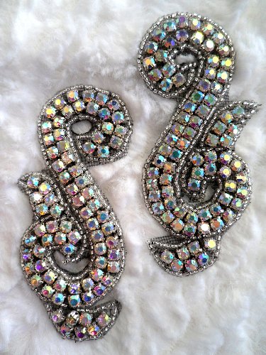 ACT/XR130/A Black Backing Crystal AB Aurora Borealis Mirror Pair Silver Beaded  Rhinestone Appliques CUT