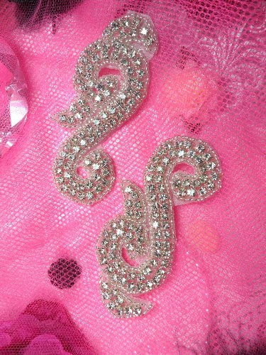 ACT/XR130/A Mirror Pair Silver Beaded Crystal Rhinestone Appliques CUT