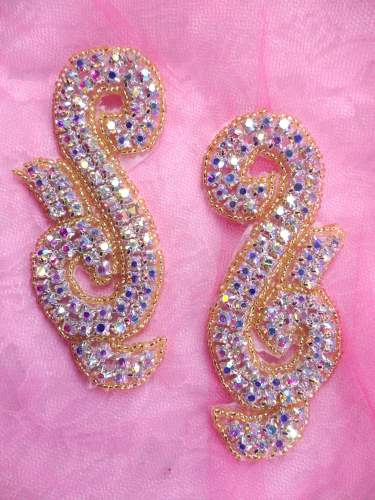 ACT/XR130/A Gold Backing Crystal AB Aurora Borealis Mirror Pair Gold Beaded  Rhinestone Appliques CUT
