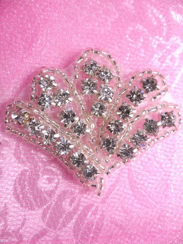 ACT/XR38/C Fan Crystal Glass Silver Beaded Rhinestone Applique 1.75
