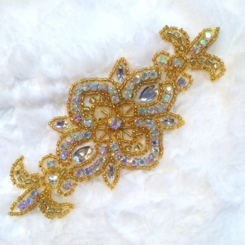 ACT/XR75/A Gold Beaded Crystal AB Aurora Borealis Rhinestone Applique 5.75\