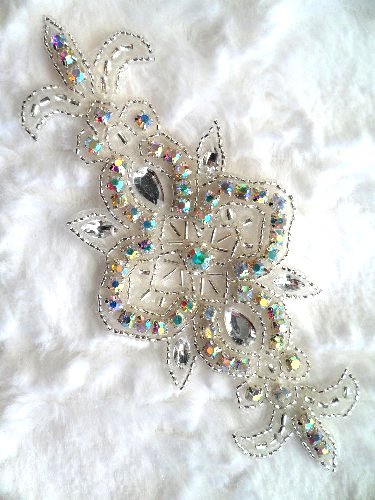 ACT/XR75/A Crystal AB Aurora Borealis Rhinestone Silver Beaded  Applique 5.75\