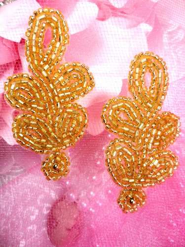 AFS573 Gold MIRROR PAIR Beaded Appliques 2-7/8\