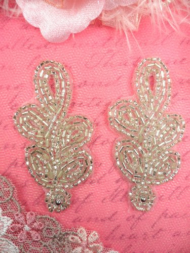 AFS573 Silver MIRROR PAIR Beaded Appliques 2-7/8\