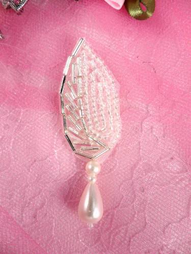 AFSV150A  Leaf drop White Pearl Crystal AB Silver Beaded Applique 2.25\