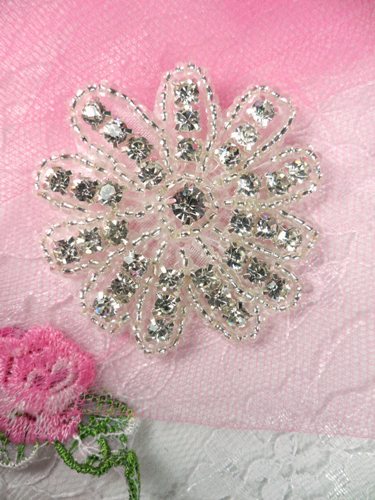 JB57  Floral Glass Silver Beaded Crystal Rhinestone Applique 2 Hot Fix Iron on