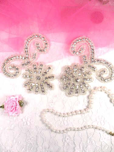 AJB8D Crystal Clear Silver Beaded Mirror Pair Rhinestone Appliques 3