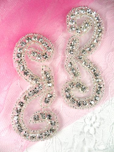 AJB8C Crystal Clear Silver Beaded Mirror Pair Rhinestone Appliques 3