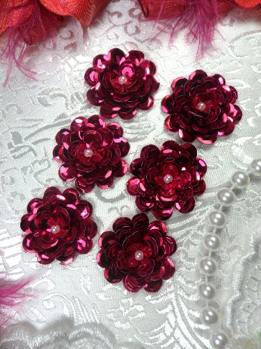 AT8900 Set of 6 Fuchsia Sequin Flower Pearl Appliques 1\