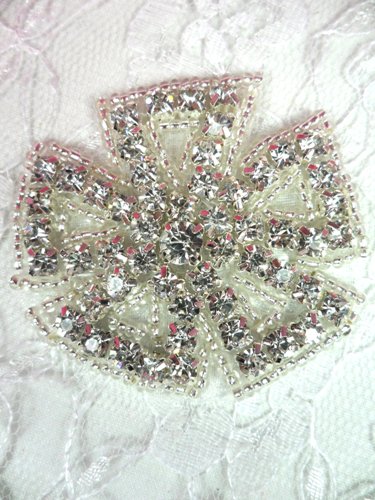 AXR62B Crystal Clear Silver Beaded Floral Rhinestone Applique 2\