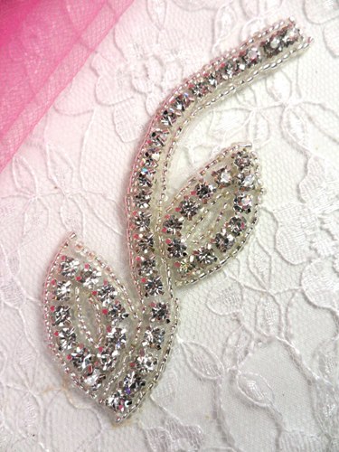 AXR62C Crystal Clear Silver Beaded Leaf Vine Rhinestone Applique 3.5\