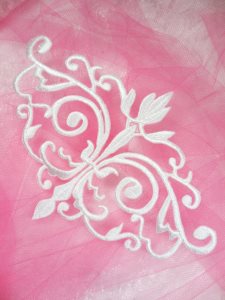 GB56 Embroidered Applique White Iron On Designer Scroll Patch   6.5