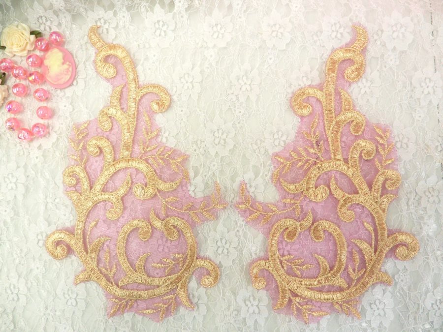 Embroidered Appliques Gold Fuschia Metallic Mirror Pair Designer Scroll Motifs 10 (BL100X)