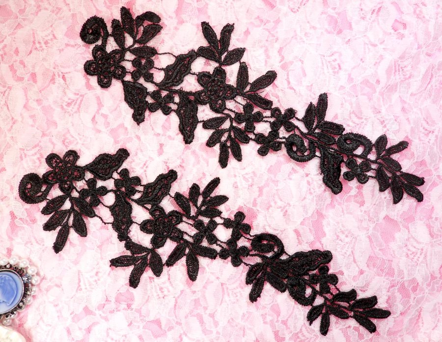 Embroidered Floral Applique Mirror Pair Black Clothing Patch Craft Motif 10 (BL106X)