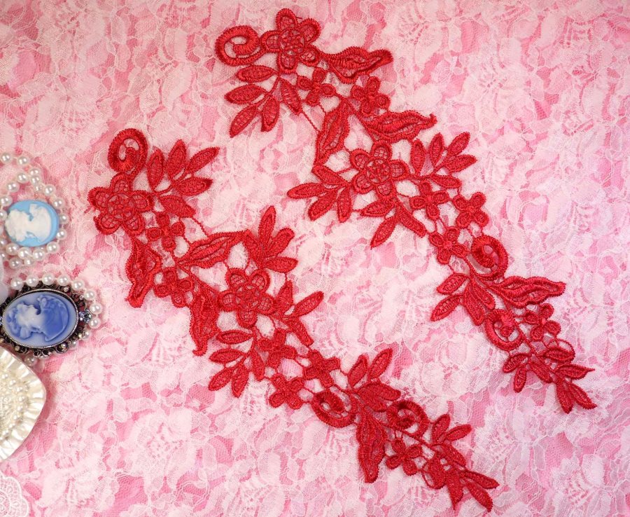 Embroidered Floral Applique Mirror Pair Brick Red Clothing Patch Craft Motif 10 (BL106X)