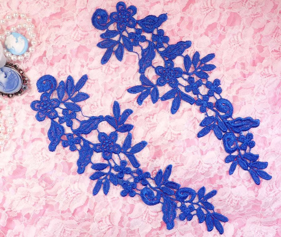 Embroidered Floral Applique Mirror Pair Blue Clothing Patch Craft Motif 10 (BL106X)