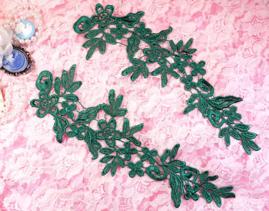 Embroidered Floral Applique Mirror Pair Hunter Green Clothing Patch Craft Motif 10 (BL106X)