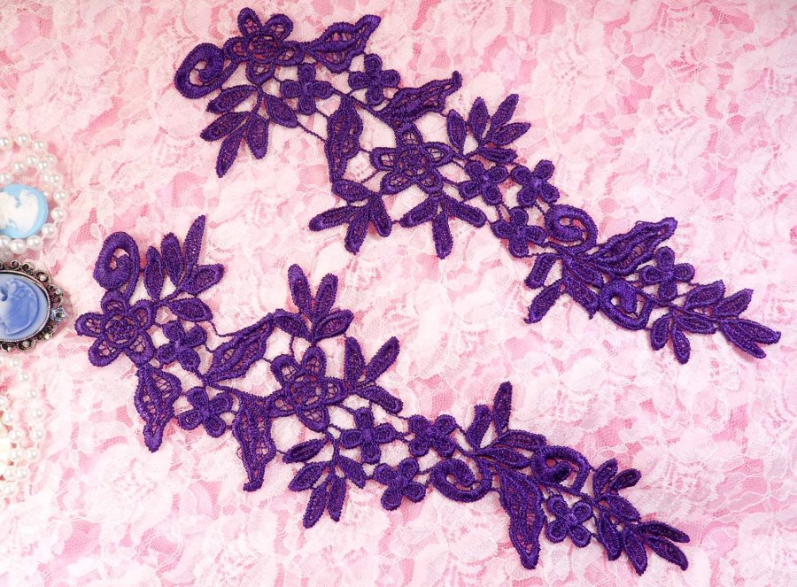 Embroidered Floral Applique Mirror Pair Purple Clothing Patch Craft Motif 10 (BL106X)