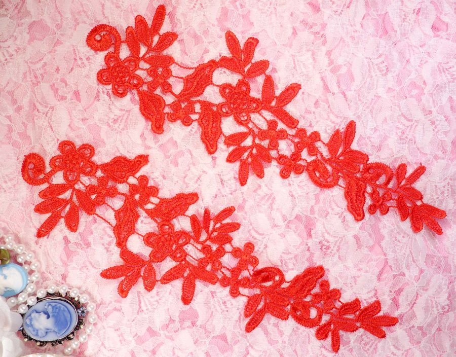 Embroidered Floral Applique Mirror Pair Red Clothing Patch Craft Motif 10 (BL106X)