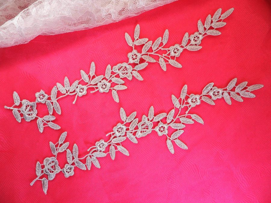 Embroidered Floral Applique Mirror Pair Light Silver Clothing Patch Craft Motif 12 (BL121X)