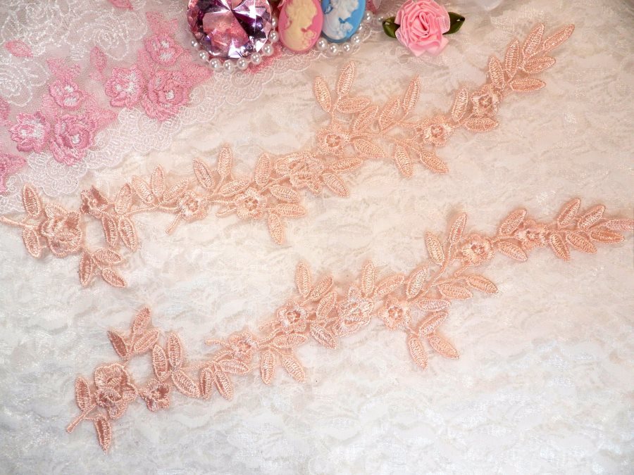 Embroidered Floral Applique Mirror Pair Pink Peach Clothing Patch Craft Motif 12 (BL121X)