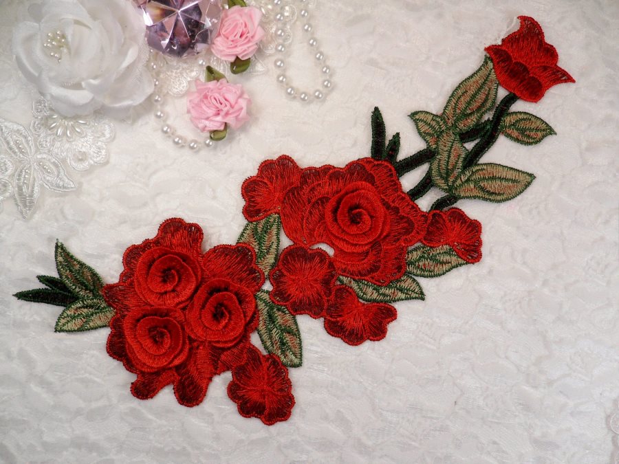 Embroidered Floral 3D Applique Red Rose Patch Craft Motif 11.25" (BL126)