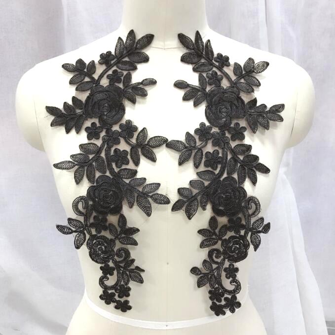 Embroidered Lace Appliques Black Floral Venice Lace Mirror Pair Patch Motif