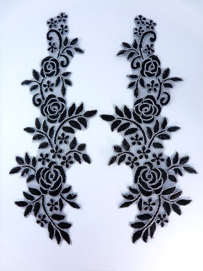 Embroidered Lace Appliques Black Silver Floral Venice Lace Mirror Pair 14 BL128X