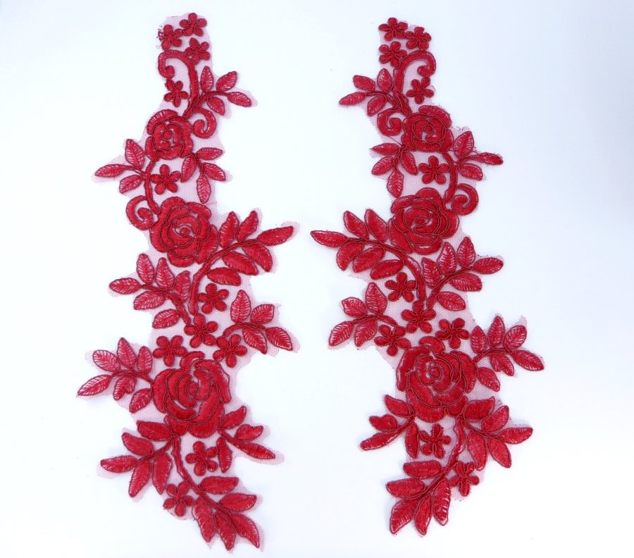 Embroidered Lace Appliques Burgundy Floral Venice Lace Mirror Pair Patch 14 BL128X