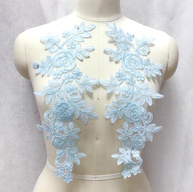 Embroidered Lace Appliques Light Blue Floral Venice Lace Mirror Pair Patch 14 BL128X